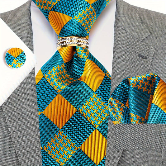 [4PCS Golden Plaid Tie Set] 4PCS Mens Golden And Blue Plaid Tie Set Necktie Pocket Square Cufflinks And Drilled Tie Ring Mens Gift