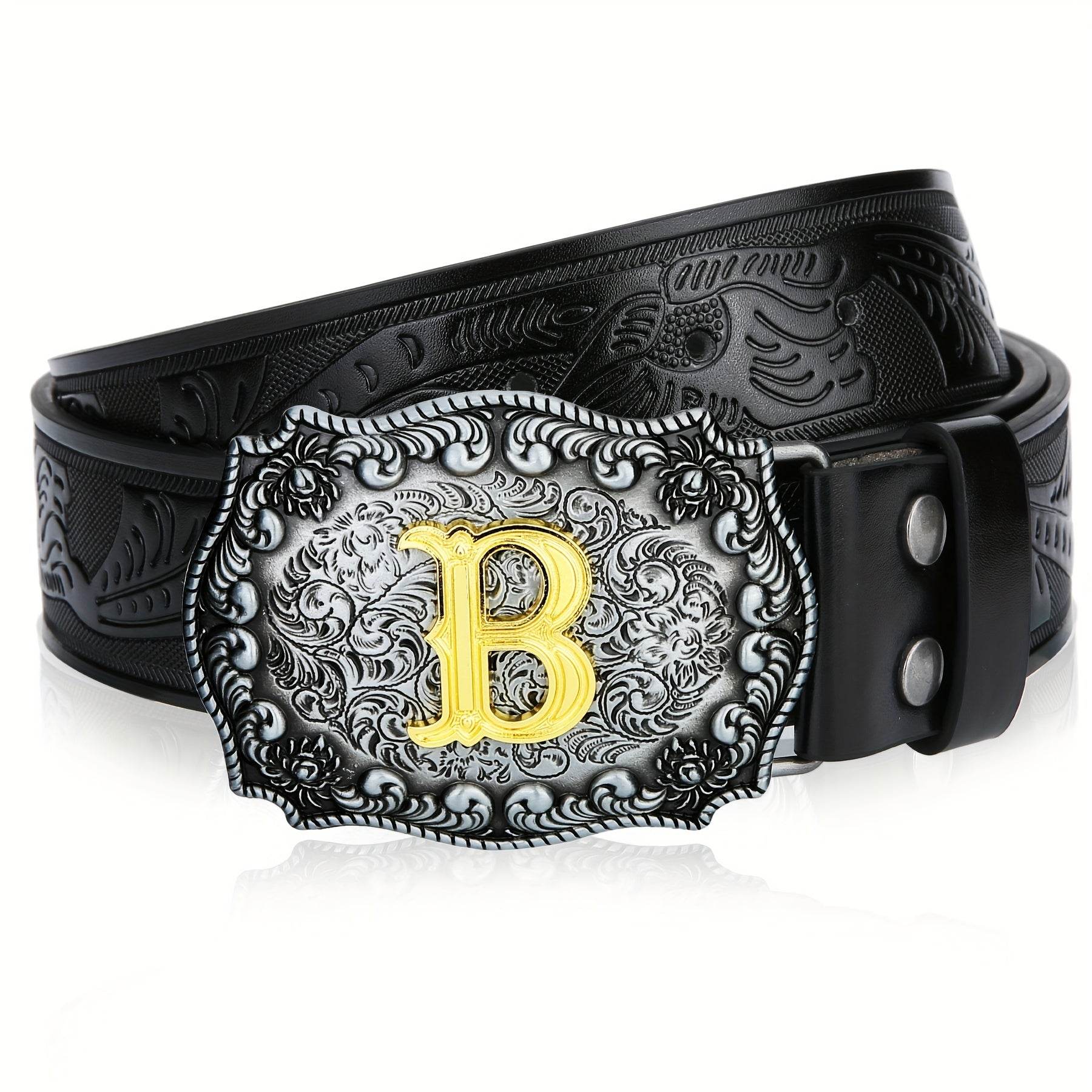 Mens' Western Cowboy Embossed Floral PU Leather Belt - Longhorn Bull Pattern Letter Big Buckle Belt - Stylish, Durable, and Adjustable Belts for Men - ZOOMNSTORE