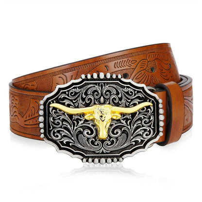 Mens' Western Cowboy Embossed Floral PU Leather Belt - Longhorn Bull Pattern Letter Big Buckle Belt - Stylish, Durable, and Adjustable Belts for Men - ZOOMNSTORE