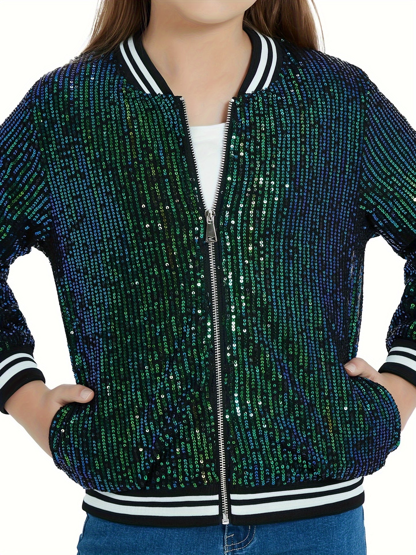 Lightweight Sparkle Mebius Girls Sequin Bomber Jacket - Zipper Long Sleeve with Pockets - For Kid 6-12Y