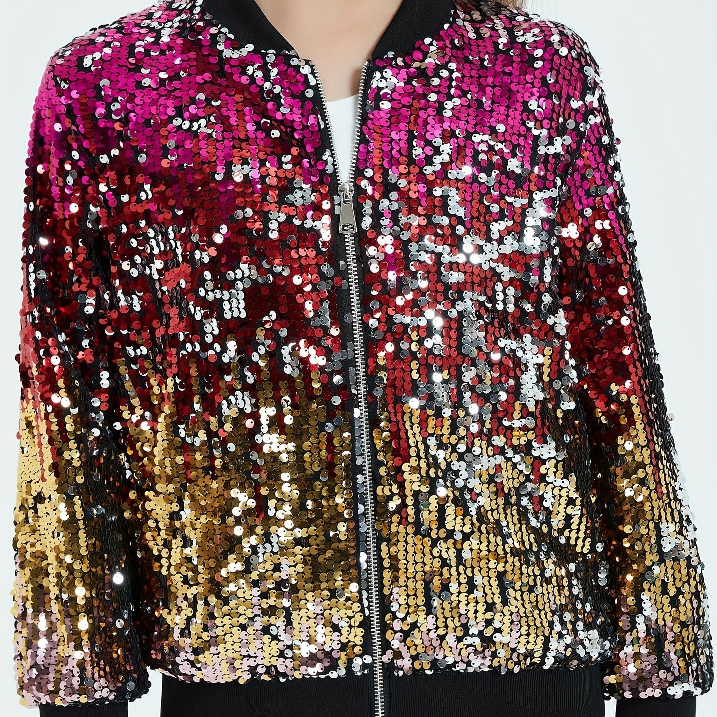 Lightweight Sparkle Mebius Girls Sequin Bomber Jacket - Zipper Long Sleeve with Pockets - For Kid 6-12Y