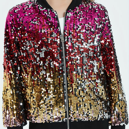 Lightweight Sparkle Mebius Girls Sequin Bomber Jacket - Zipper Long Sleeve with Pockets - For Kid 6-12Y