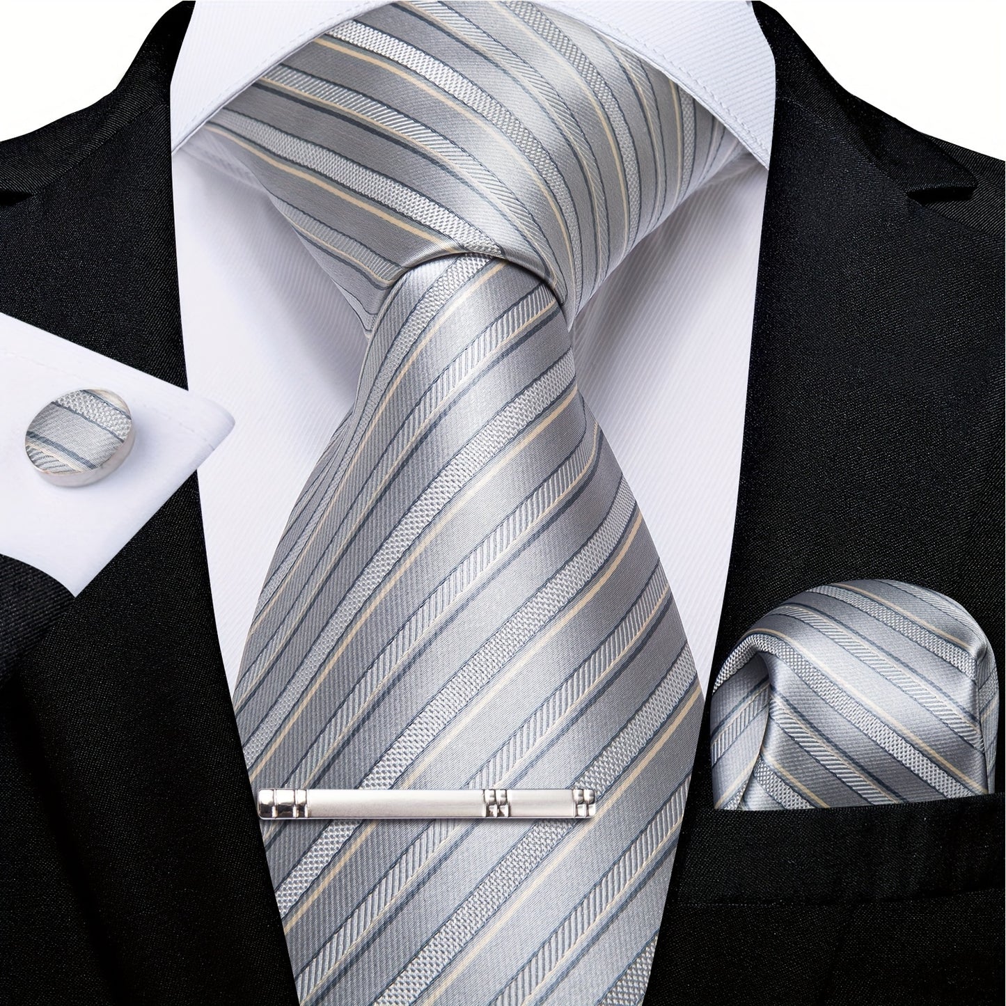 [Blue Silk Striped Wedding Ties] Men'S Ties Designer Blue Silvery Silk Striped Wedding Ties Necktie Cufflink Clip Set