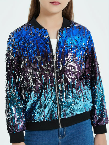 Lightweight Sparkle Mebius Girls Sequin Bomber Jacket - Zipper Long Sleeve with Pockets - For Kid 6-12Y