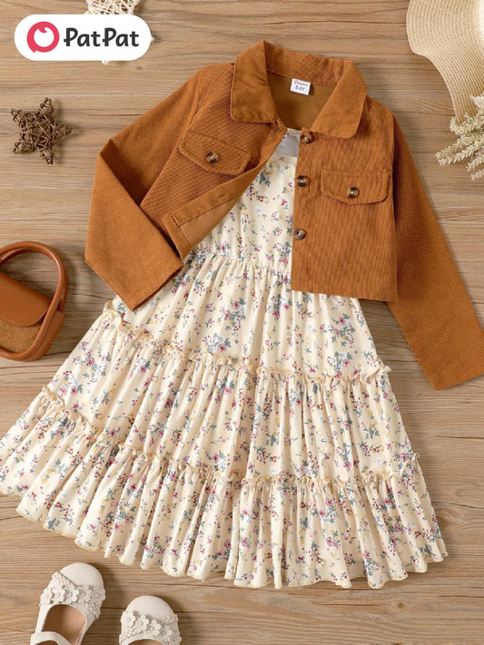 [2pcs Lapel Collar Jacket Set] PatPat Kid Girl 2pcs Lapel Collar Jacket and Floral Ruffled Dress Set