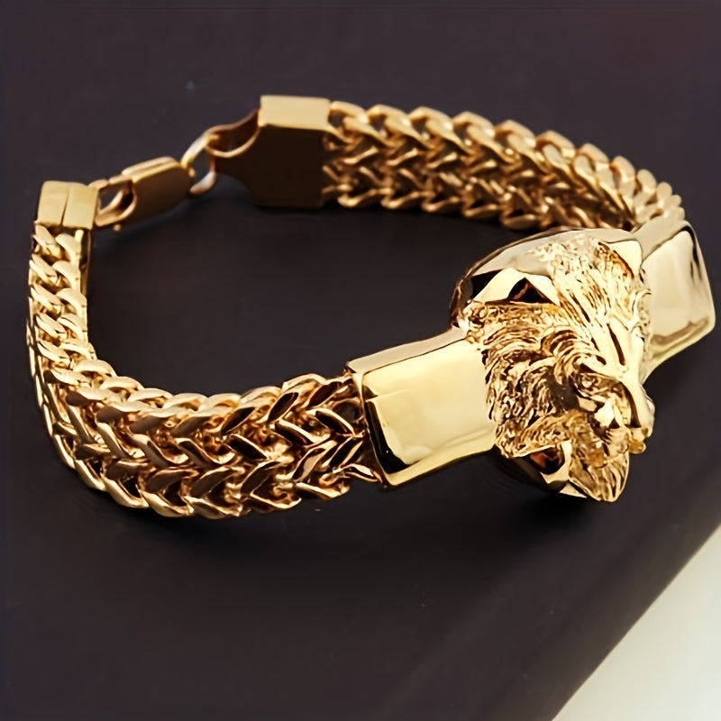 2pcs/set Domineering Lion Head Bracelet Men's Stainless Steel Braided Chain Wristband Bracelet Hip-Hop Trendy Accessories