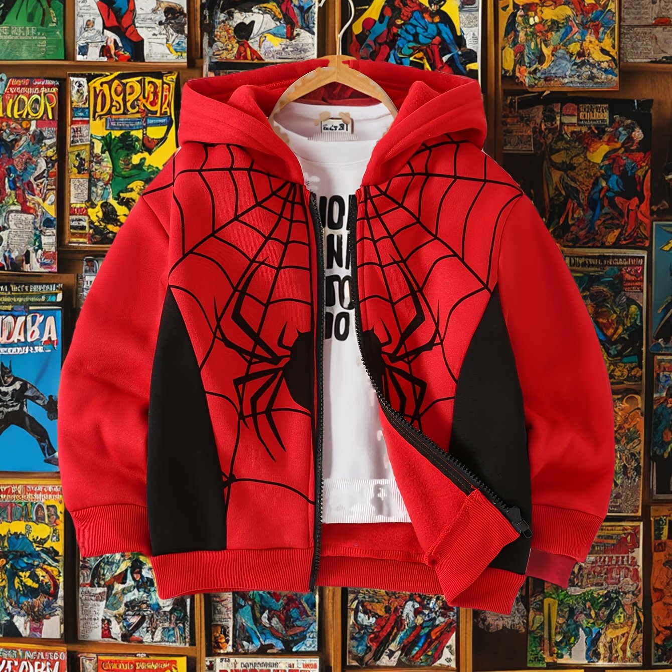 Autumn And Winter Zip Up Long Sleeve Spider Web Pattern Hooded Jacket - Boy's Coat