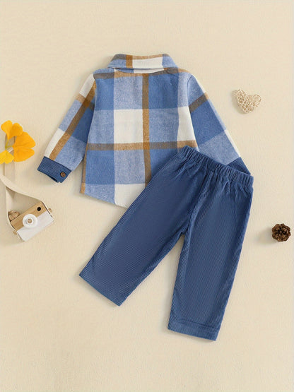 236.22inch-5T Kids Baby Boy Fall Outfits Classic Long Sleeve Plaid Print Jacket + Corduroy Pants Set Kid Clothes