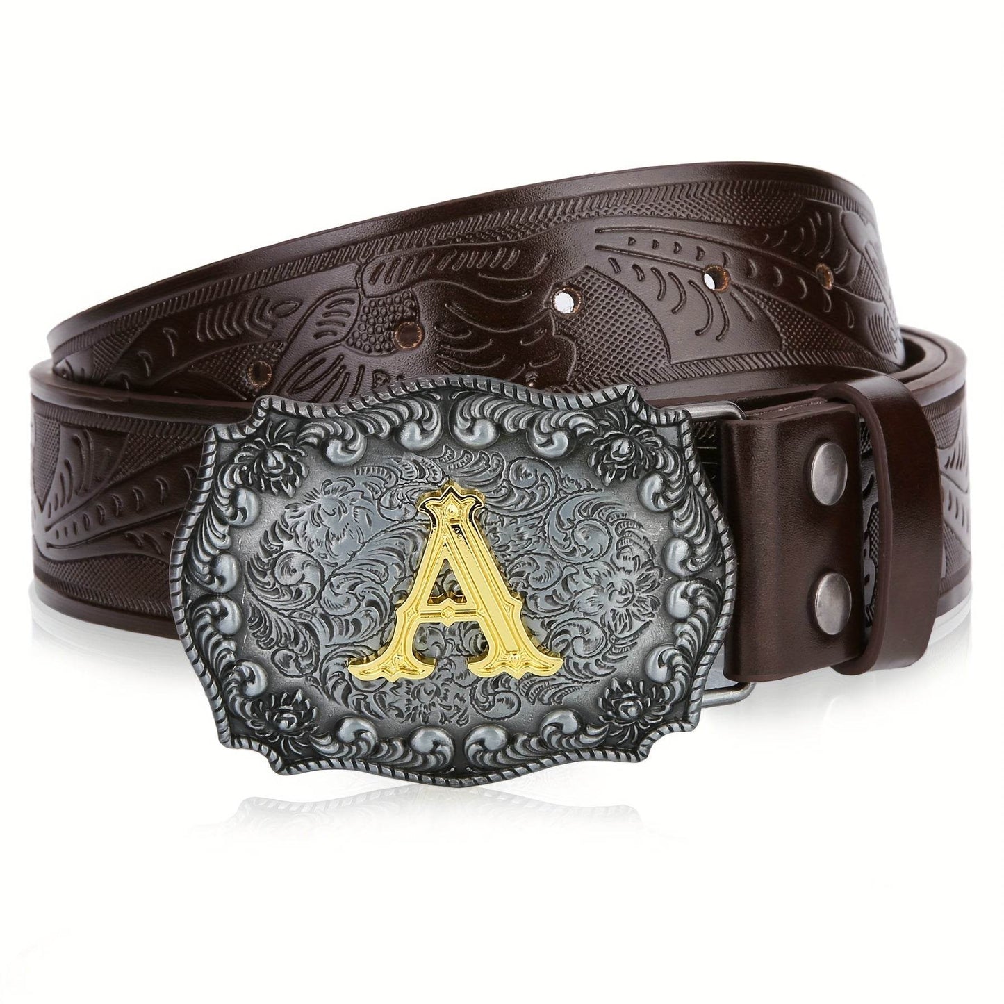 Mens' Western Cowboy Embossed Floral PU Leather Belt - Longhorn Bull Pattern Letter Big Buckle Belt - Stylish, Durable, and Adjustable Belts for Men - ZOOMNSTORE