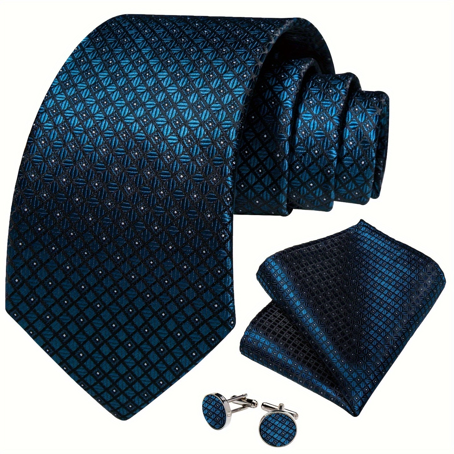 3pcs/set, Mens Green Checks Necktie & Hanky & Cufflinks Set For Wedding