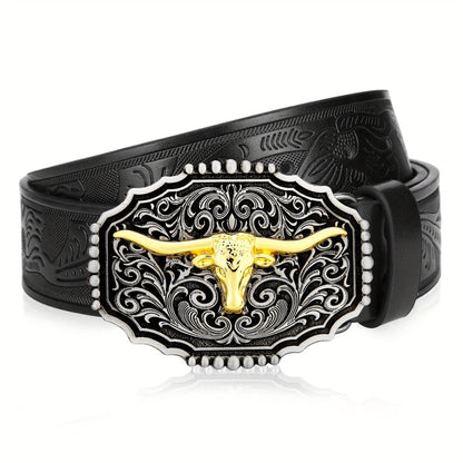 Mens' Western Cowboy Embossed Floral PU Leather Belt - Longhorn Bull Pattern Letter Big Buckle Belt - Stylish, Durable, and Adjustable Belts for Men - ZOOMNSTORE