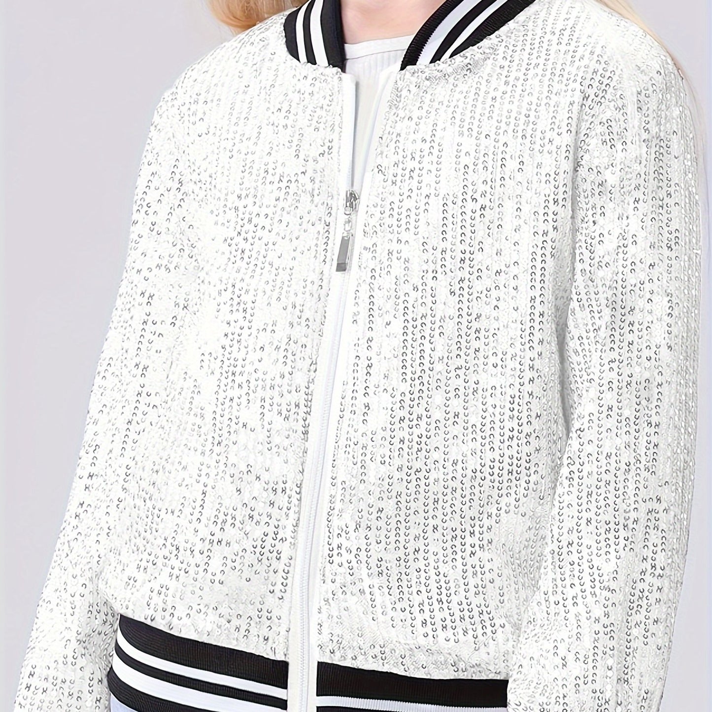 Lightweight Sparkle Mebius Girls Sequin Bomber Jacket - Zipper Long Sleeve with Pockets - For Kid 6-12Y