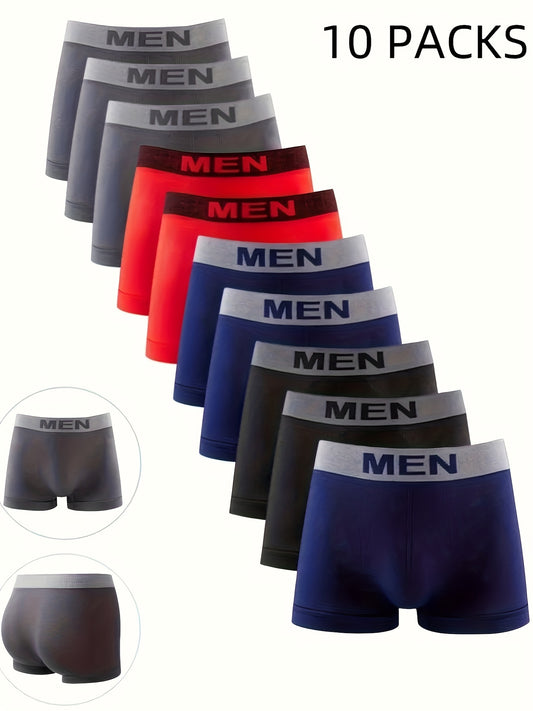 10 Pcs Comfy & Quick-Drying Men's Letter Belt Stretchy Boxer Briefs - Stylish Multi-color Series Underwear Set