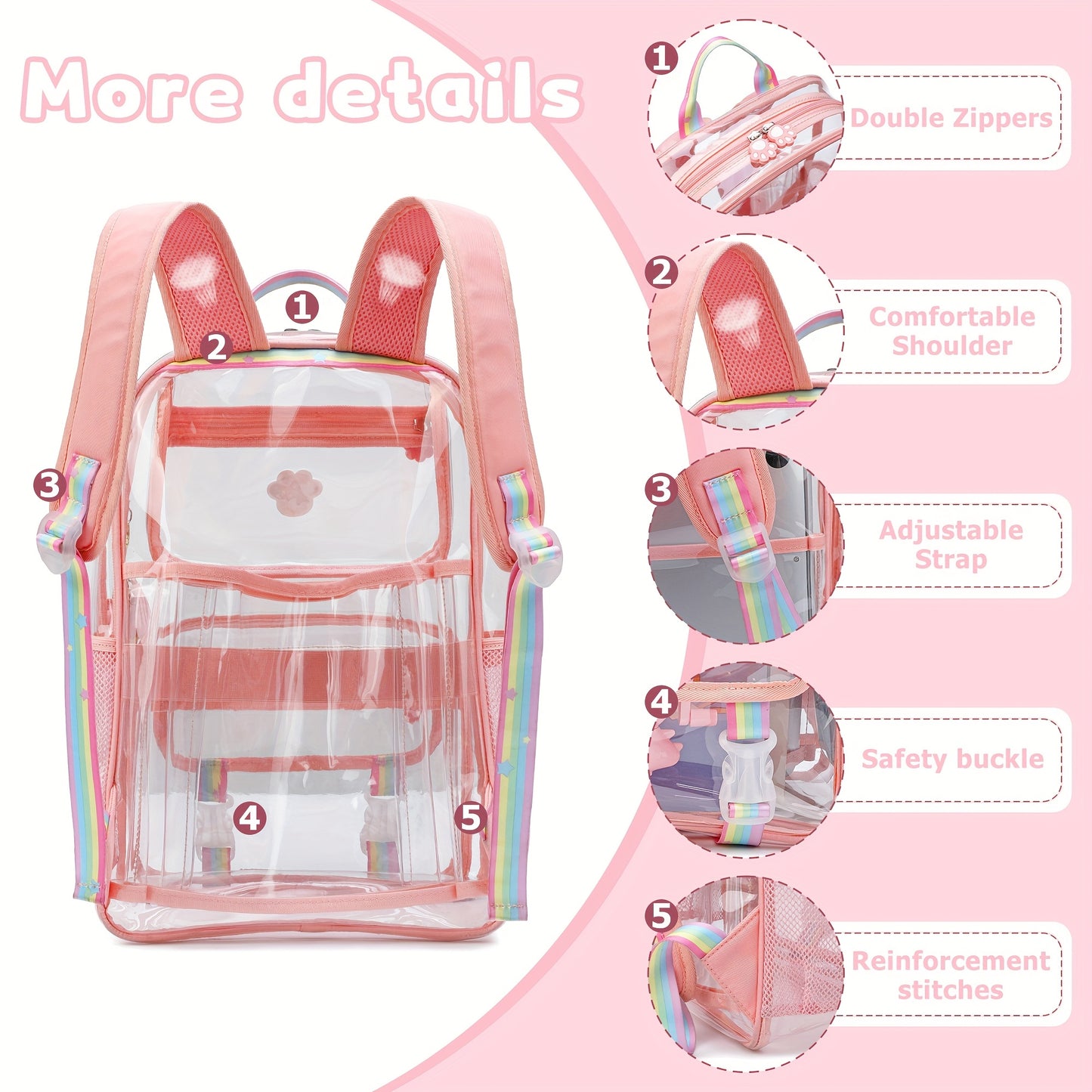 Pink Clear Backpack - Durable Waterproof School Bag with 2 Front Pockets  Cartoon Stickers