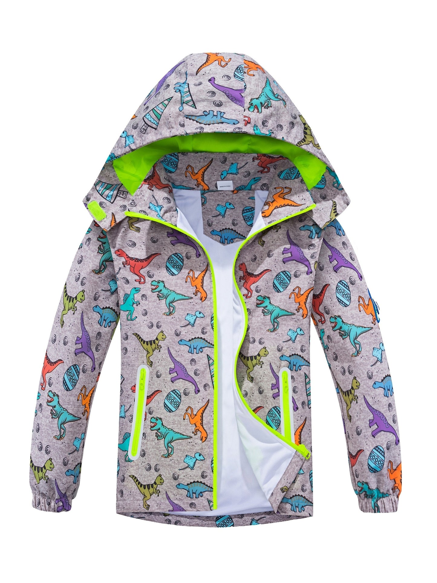 Waterproof Lightweight Boys Dinosaur Rain Jacket - Removable Hood Mesh Lined Hooded Raincoat Windbreaker for Kids