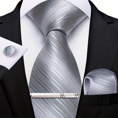 [Blue Silk Striped Wedding Ties] Men'S Ties Designer Blue Silvery Silk Striped Wedding Ties Necktie Cufflink Clip Set