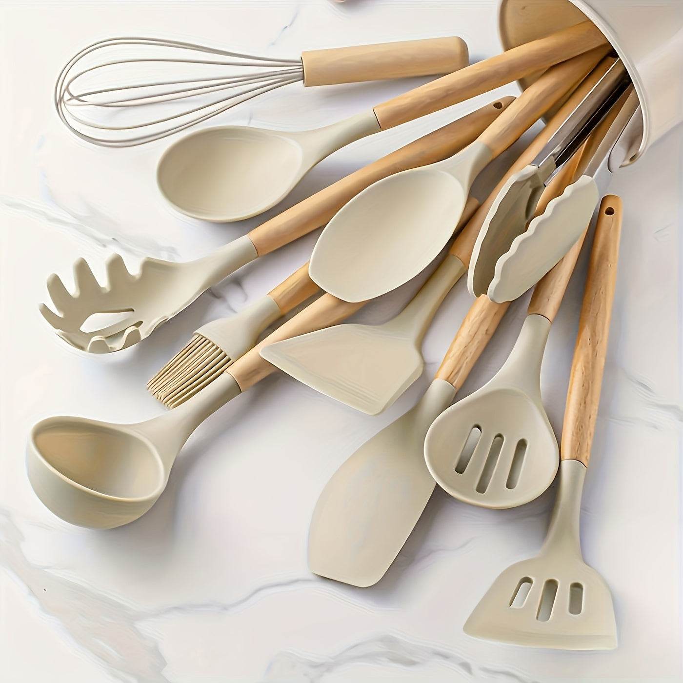 12-Piece Premium Non-Stick Silicone Kitchen Utensil Set with Ergonomic Wooden Handles - Durable, Heat-Resistant, Easy to Clean, and Safe for Cooking and Baking - Ideal for Back to School, Dorm Essentials, and Home Cooking Ent - ZOOMNSTORE