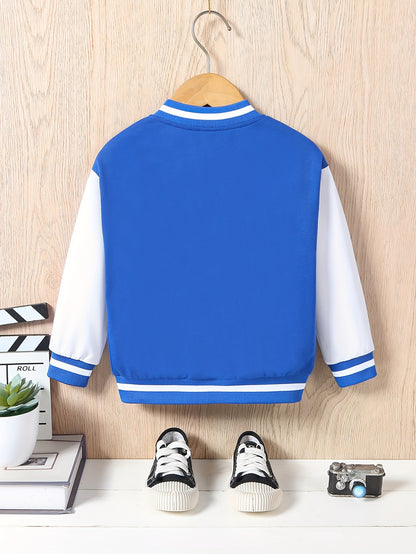 [For Kids Preppy Varsity Jacket] I AM A CHILD OF GOD Print Varsity Jacket For Kids, Preppy Style Bomber Jacket, Button Front Long Sleeve Coat, Boy's Clothes For Spring Fall Outdoor