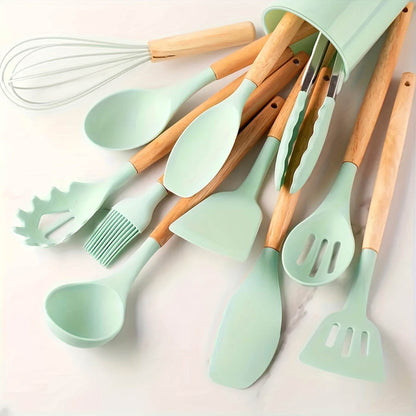 12-Piece Premium Non-Stick Silicone Kitchen Utensil Set with Ergonomic Wooden Handles - Durable, Heat-Resistant, Easy to Clean, and Safe for Cooking and Baking - Ideal for Back to School, Dorm Essentials, and Home Cooking Ent - ZOOMNSTORE