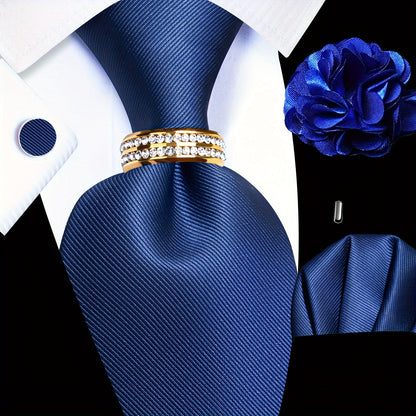 [5PCS Luxury Tie Set Elegant] 5PCS Men's Luxury Tie Set with Pocket Square, Cufflinks, Drilled Tie Ring, and Lapel Pin - Woven Polyester Designer Ties for Wedding, Groom, Party, and Festival - Elegant Gift for Men