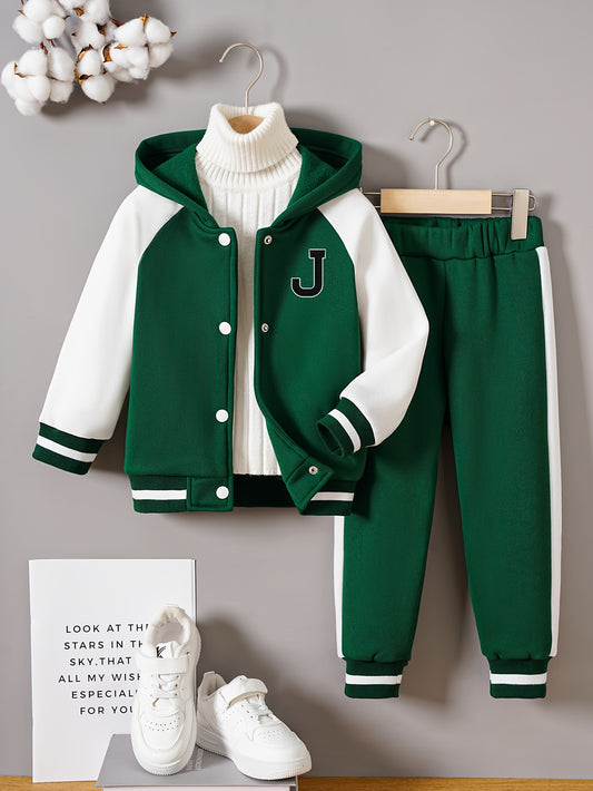 Long Sleeve Color Block Drop Shoulder Varsity Baseball Hooded Jacket & Casual Pants Outfit - 2pcs Boys J Letter Print - Kids Clothing For Spring Fall Daily & Outdoor Wear