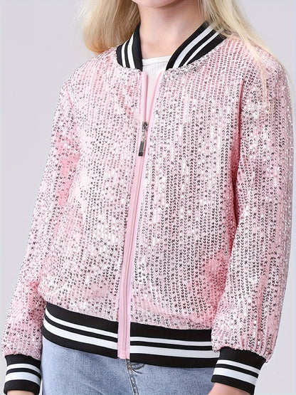 Lightweight Sparkle Mebius Girls Sequin Bomber Jacket - Zipper Long Sleeve with Pockets - For Kid 6-12Y