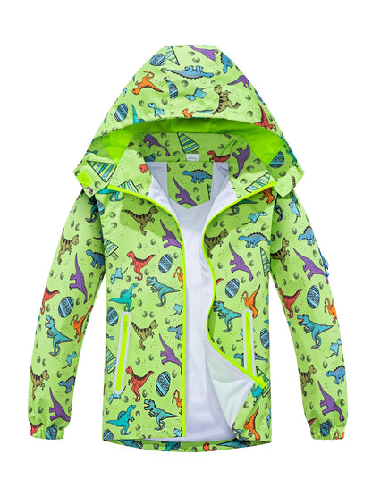 Waterproof Lightweight Boys Dinosaur Rain Jacket - Removable Hood Mesh Lined Hooded Raincoat Windbreaker for Kids