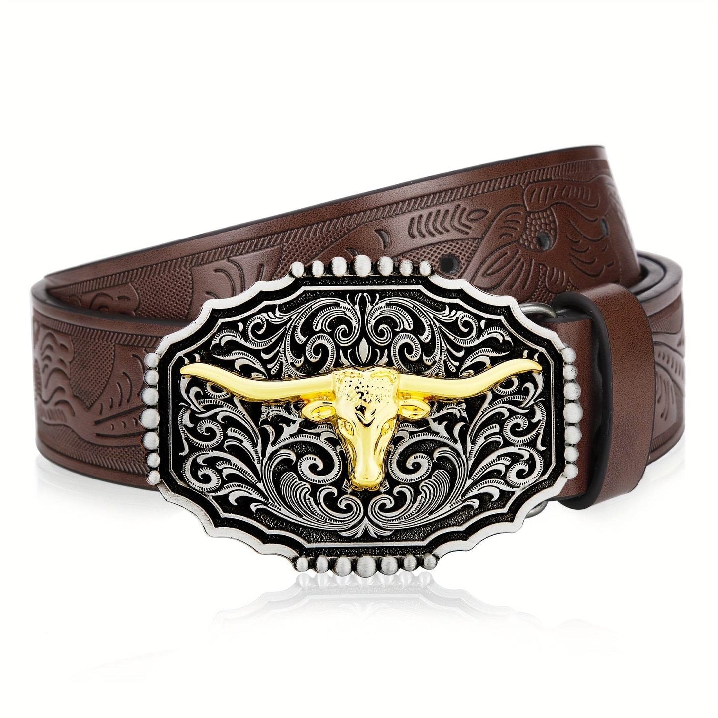 Mens' Western Cowboy Embossed Floral PU Leather Belt - Longhorn Bull Pattern Letter Big Buckle Belt - Stylish, Durable, and Adjustable Belts for Men - ZOOMNSTORE