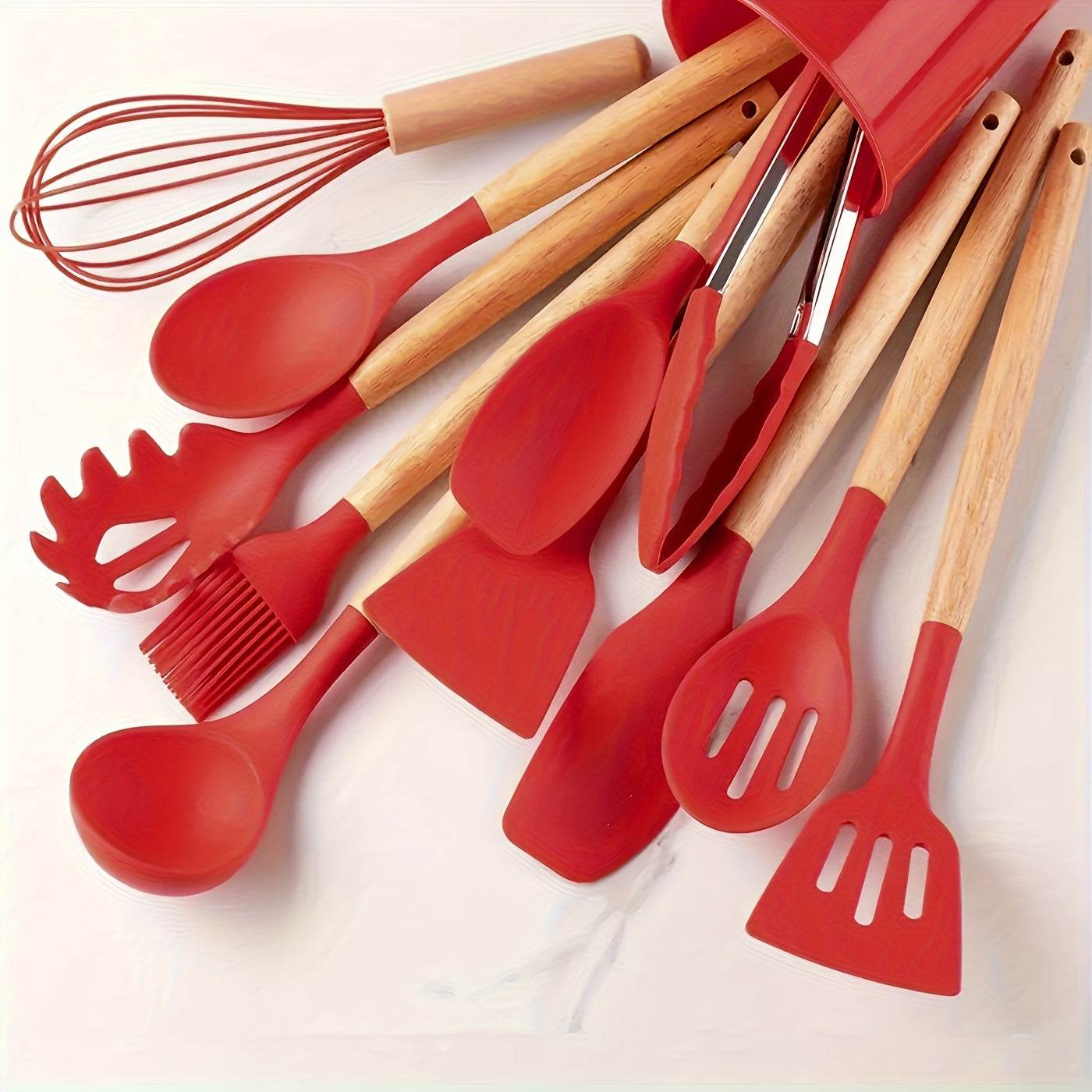 12-Piece Premium Non-Stick Silicone Kitchen Utensil Set with Ergonomic Wooden Handles - Durable, Heat-Resistant, Easy to Clean, and Safe for Cooking and Baking - Ideal for Back to School, Dorm Essentials, and Home Cooking Ent - ZOOMNSTORE