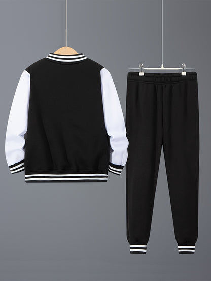 Boys' 2pcs Set: Letter A Print Varsity Jacket & Joggers - Cozy Fleece, Striped Baseball Collar Outfit for Fall/Winter, Perfect for Outdoor