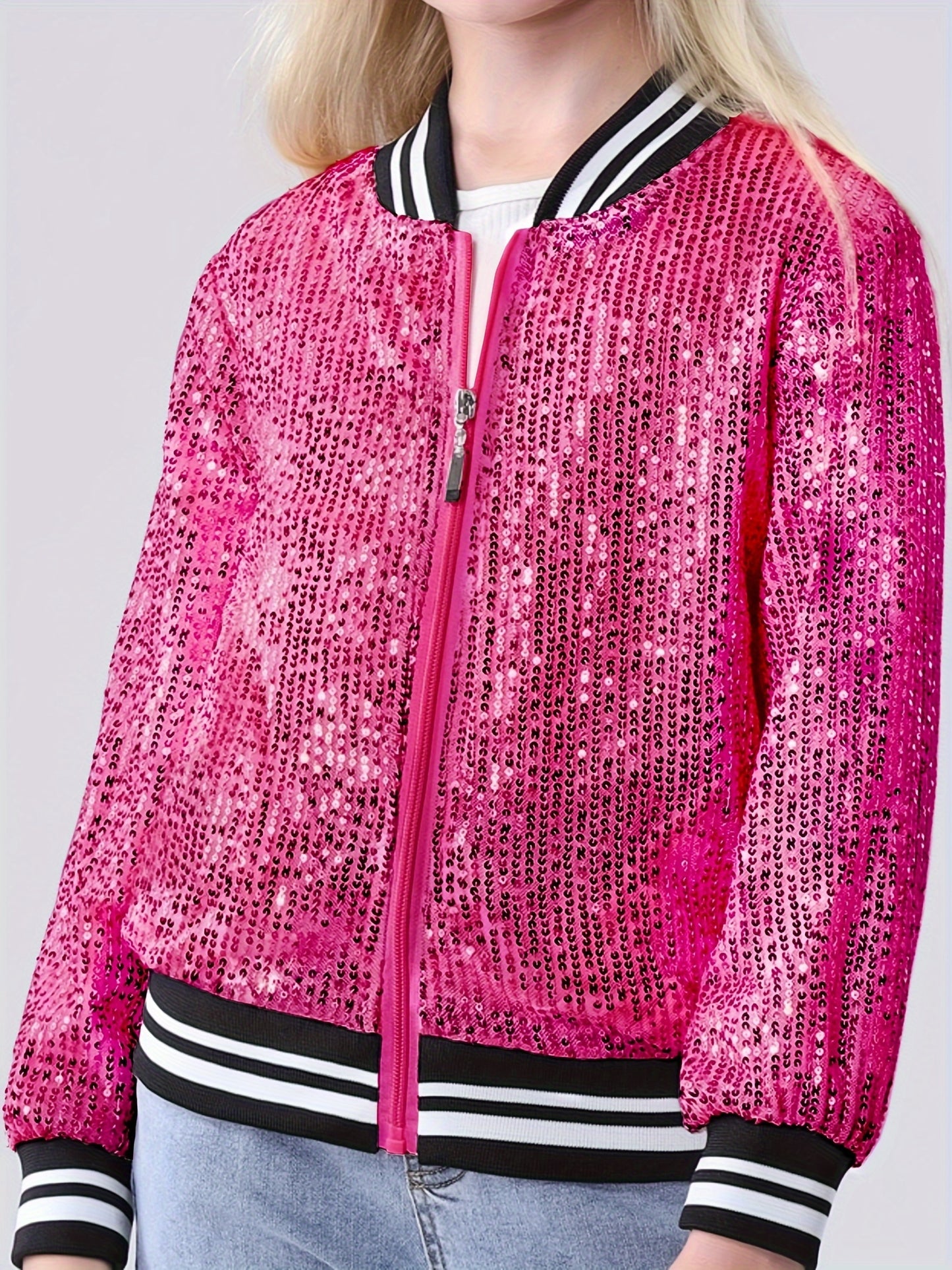 Lightweight Sparkle Mebius Girls Sequin Bomber Jacket - Zipper Long Sleeve with Pockets - For Kid 6-12Y