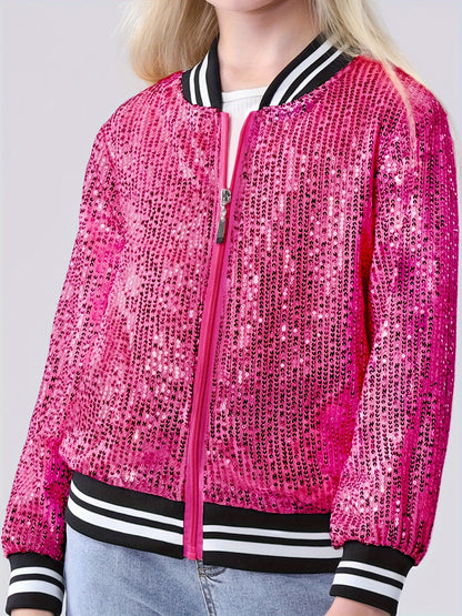 Lightweight Sparkle Mebius Girls Sequin Bomber Jacket - Zipper Long Sleeve with Pockets - For Kid 6-12Y