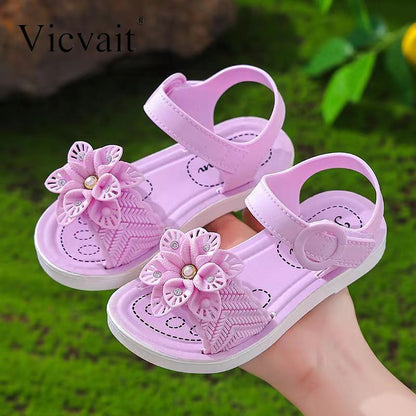 Vicvait Girls' Sandals 2024 Summer New Small and Medium sized Children'S ShoesLittle Girl Soft Sole Anti slip Baby Princess Shoes