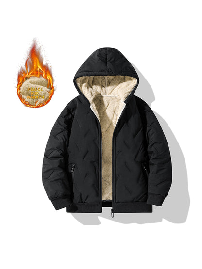 Boy's Thermal Lined Puffer Hooded Coat Plus Velvet Warm Zipper Comfy Loose Fall Winter Jacket