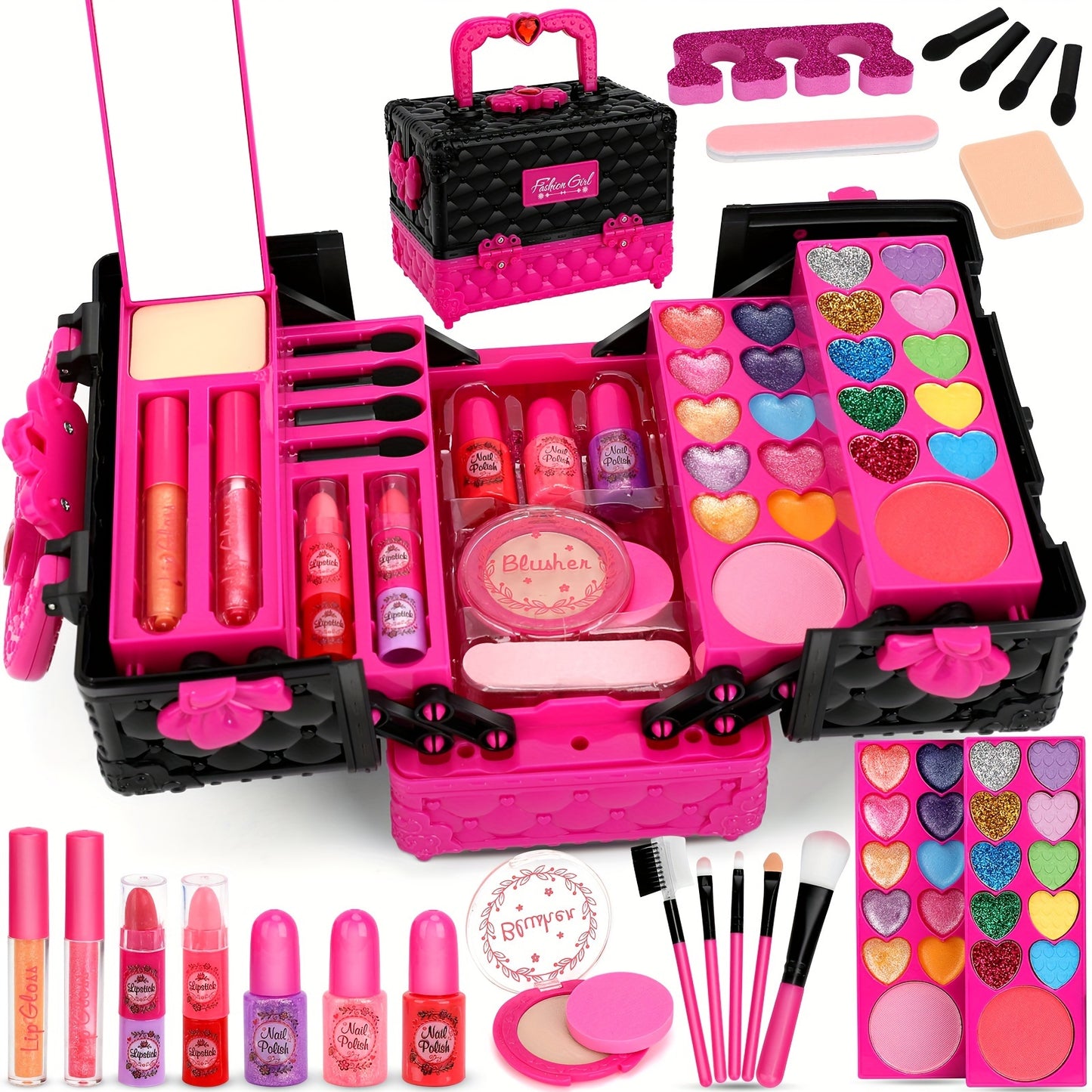 45pcs Girls Makeup Playset - Washable Cosmetic Kit with Accessories for Ages 3-6