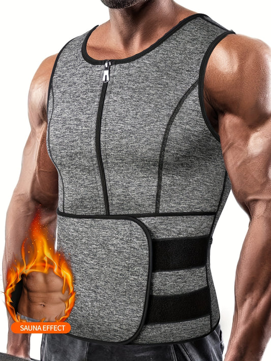 Slim Athletic Mid Stretch Compression Vest - Men's Zip Up Waist Trainer Body Shaper Tank Top For Workout Fitness Gym