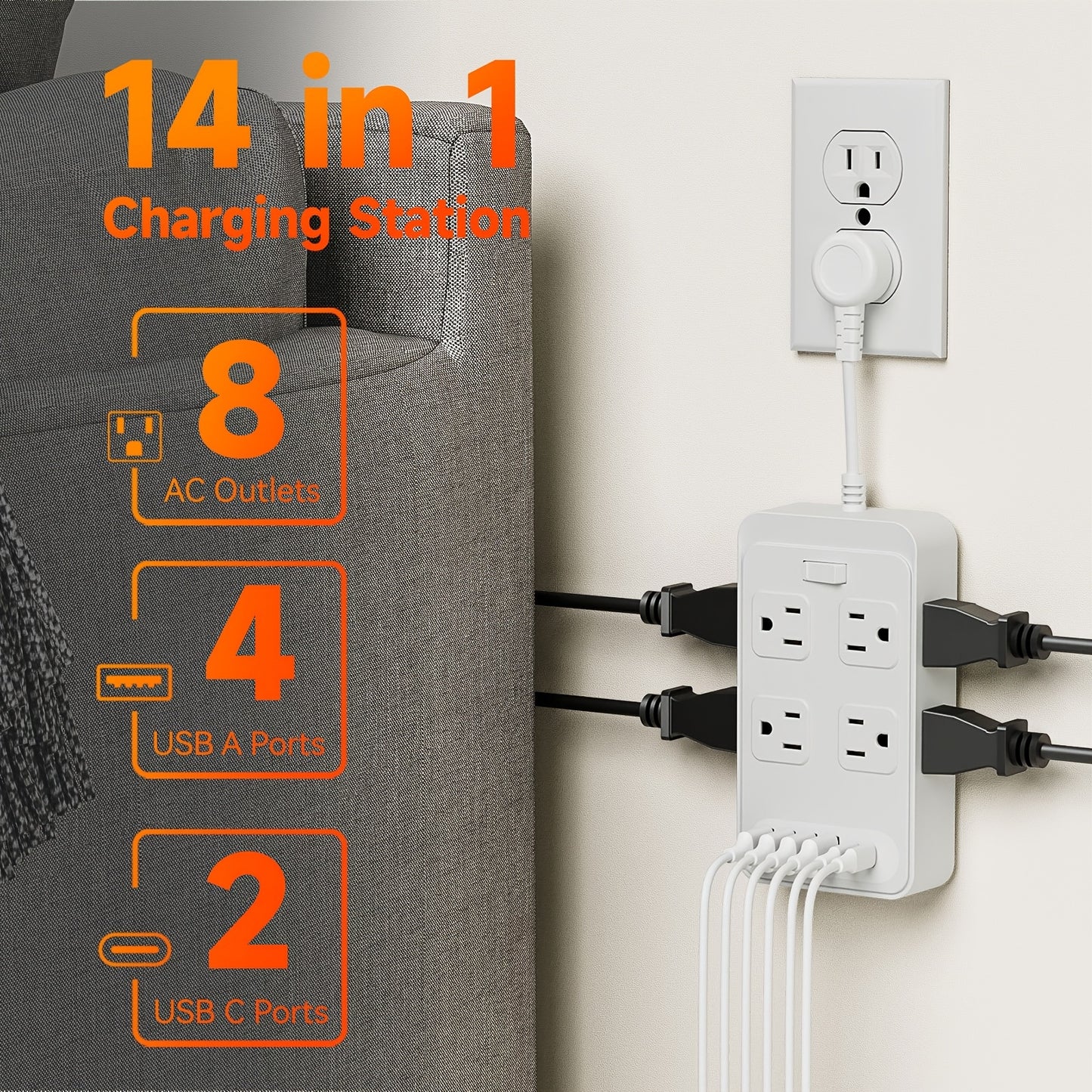 Flat Plug Surge Protector Outlet Extender Power Strip with 5 Ft Thin Flat Extension Cord, 6 Widely Distributed AC Outlets, 4 USB Charging Ports (2 USB A & 2 USB C), Desk Charging Station, Compact Power Strip Outlet Extender F