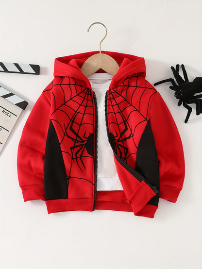 Autumn And Winter Zip Up Long Sleeve Spider Web Pattern Hooded Jacket - Boy's Coat