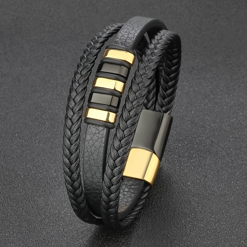 1pc Stylish Men's Multi-Layer Braided Faux Leather Bracelet with Magnetic Clasp, Vintage Punk Style - Ideal Holiday Gift Accessory