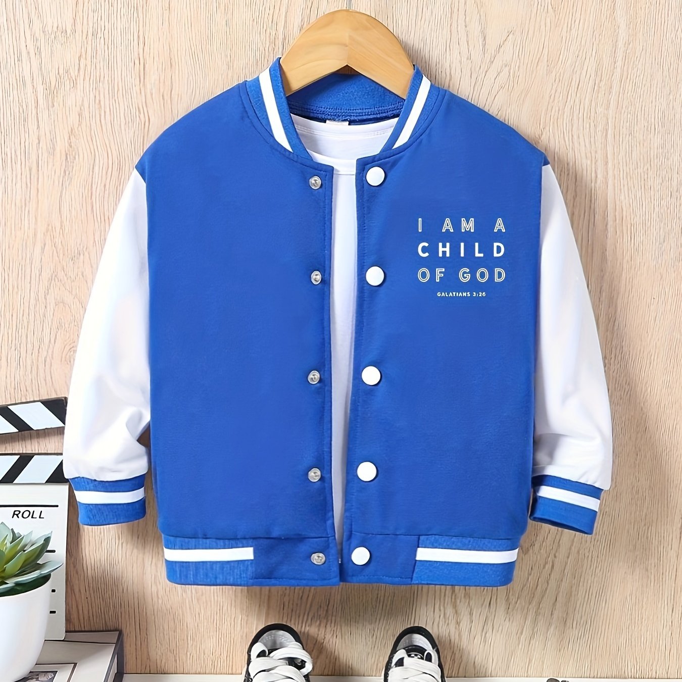 [For Kids Preppy Varsity Jacket] I AM A CHILD OF GOD Print Varsity Jacket For Kids, Preppy Style Bomber Jacket, Button Front Long Sleeve Coat, Boy's Clothes For Spring Fall Outdoor