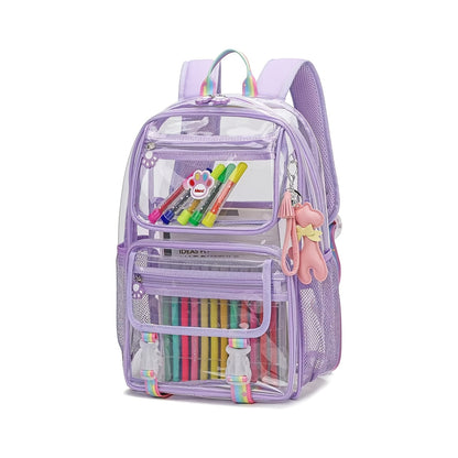 Pink Clear Backpack - Durable Waterproof School Bag with 2 Front Pockets  Cartoon Stickers