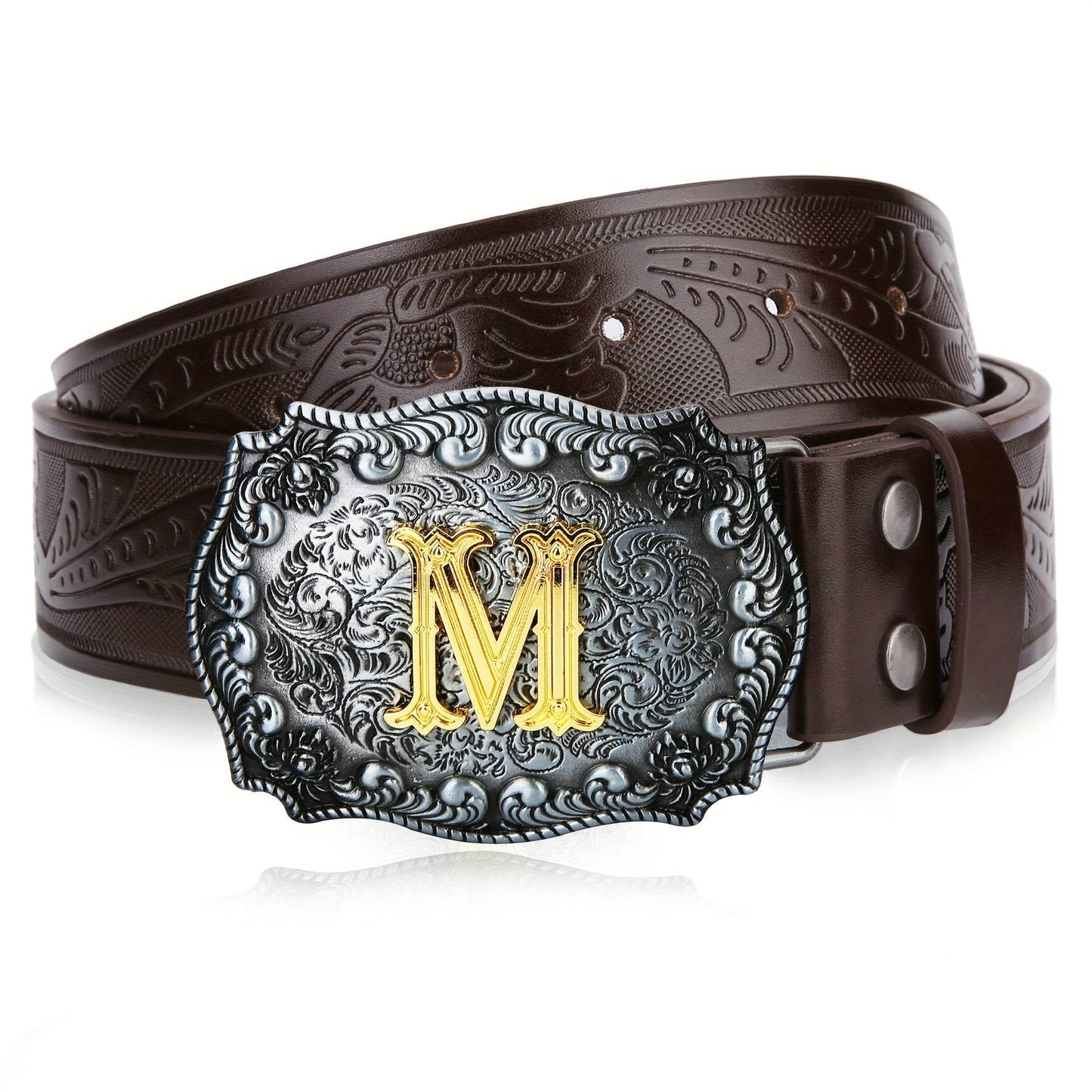 Mens' Western Cowboy Embossed Floral PU Leather Belt - Longhorn Bull Pattern Letter Big Buckle Belt - Stylish, Durable, and Adjustable Belts for Men - ZOOMNSTORE