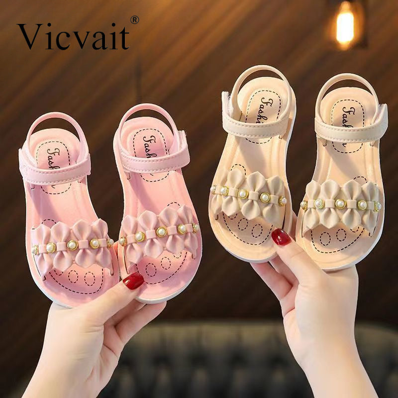 Vicvait Girls' Sandals 2024 $ummer New Small and Medium sized Children'S ShoesLittle Girl Soft Sole Anti slip Baby Princess Shoes