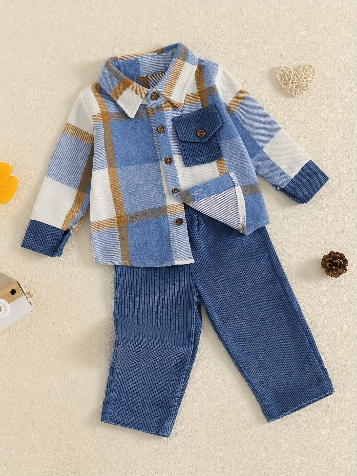 236.22inch-5T Kids Baby Boy Fall Outfits Classic Long Sleeve Plaid Print Jacket + Corduroy Pants Set Kid Clothes