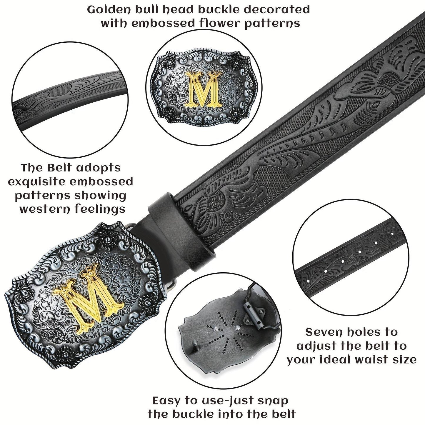 Mens' Western Cowboy Embossed Floral PU Leather Belt - Longhorn Bull Pattern Letter Big Buckle Belt - Stylish, Durable, and Adjustable Belts for Men - ZOOMNSTORE