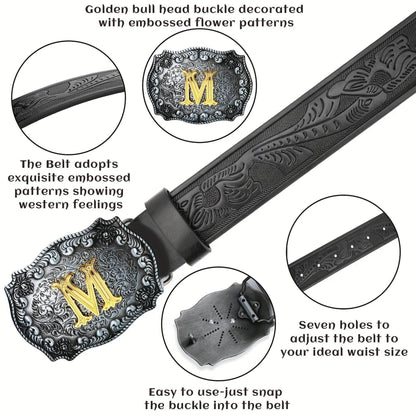 Mens' Western Cowboy Embossed Floral PU Leather Belt - Longhorn Bull Pattern Letter Big Buckle Belt - Stylish, Durable, and Adjustable Belts for Men - ZOOMNSTORE