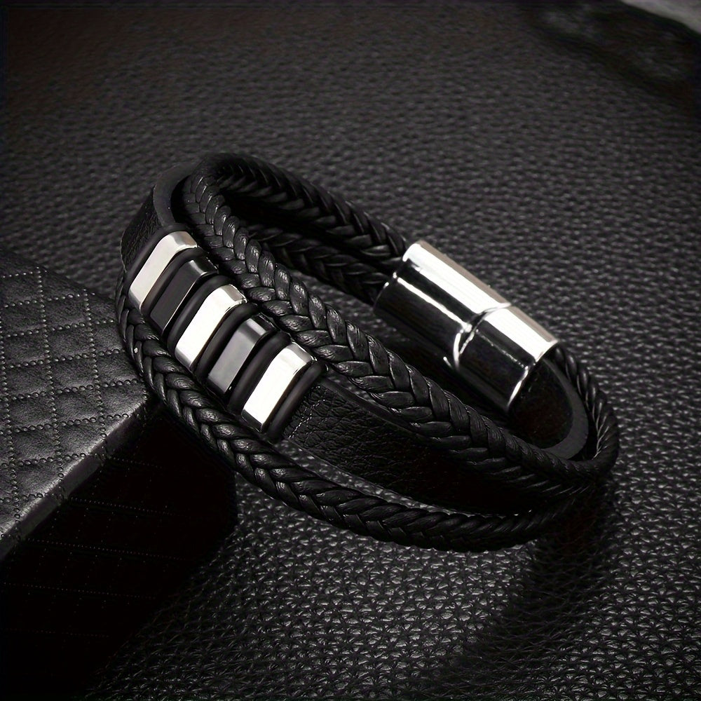 1pc Stylish Men's Multi-Layer Braided Faux Leather Bracelet with Magnetic Clasp, Vintage Punk Style - Ideal Holiday Gift Accessory