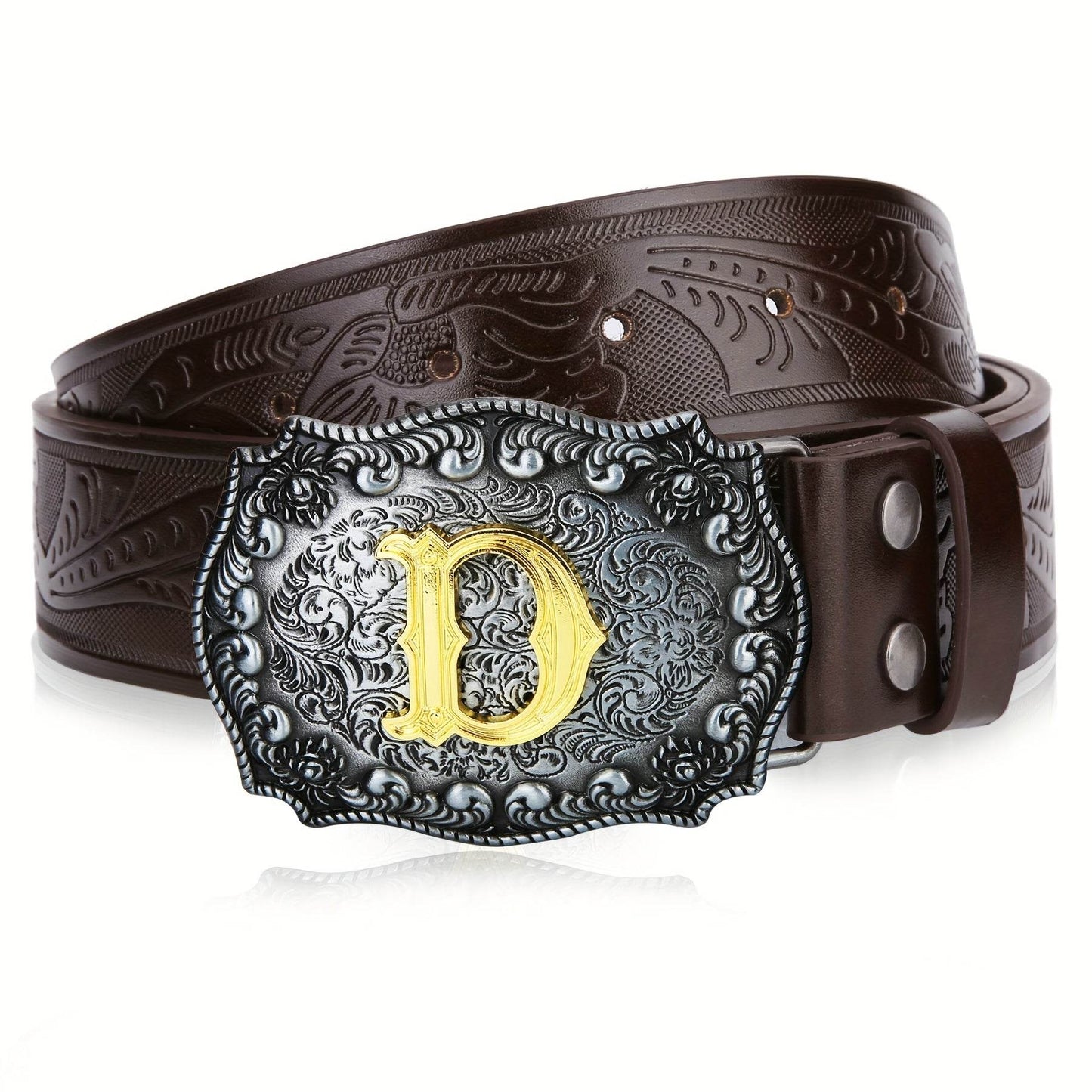 Mens' Western Cowboy Embossed Floral PU Leather Belt - Longhorn Bull Pattern Letter Big Buckle Belt - Stylish, Durable, and Adjustable Belts for Men - ZOOMNSTORE