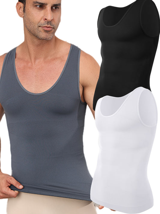 [Slimming Compression Shirt Belly Control] Mens Slimming Compression Shirt Sleeveless Shapewear Round Neck Seamless Waist Trainer Tank Top Belly Control Fitness Undershirt