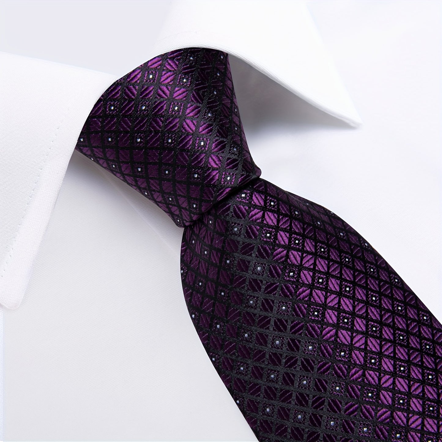 3pc/set Classic Mens Silk Tie Purple Checks Necktie Square Hanky Cufflink Set Formal